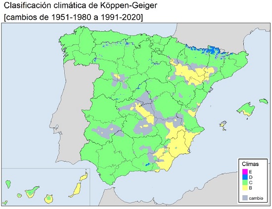 Cambios en la clasificación climática de Köppen-Geiger. En amarillo, las zonas cuyo clima era árido a mediados del siglo XX. En gris, las zonas cuyo clima ha pasado a ser de tipo árido desde entonces. Los mayores incrementos se observan en el sur de la Comunidad de Madrid, Castilla-La Mancha, provincia de Badajoz, este de Andalucía, suroeste de Castilla y León y entorno de la depresión del Ebro. Fuente: «Evolución de los climas de Köppen en España en el periodo 1951-2020», nota técnica nº 37 de AEMET.