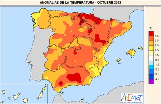 Anomalías térmicas en octubre de 2022