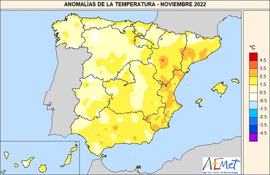 Anomalías térmicas en noviembre de 2022