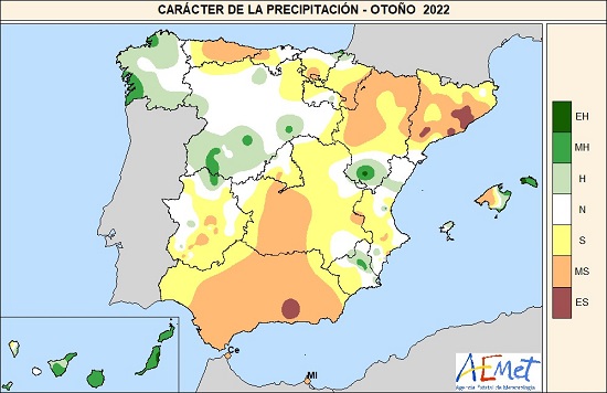 Carácter de la precipitación en el otoño de 2022 con respecto al período de referencia 1981-2010 (EH=Extremadamente húmedo; MH=Muy húmedo; H=Húmedo; N=Normal; S=Seco; MS=Muy seco; ES=Extremadamente seco.)