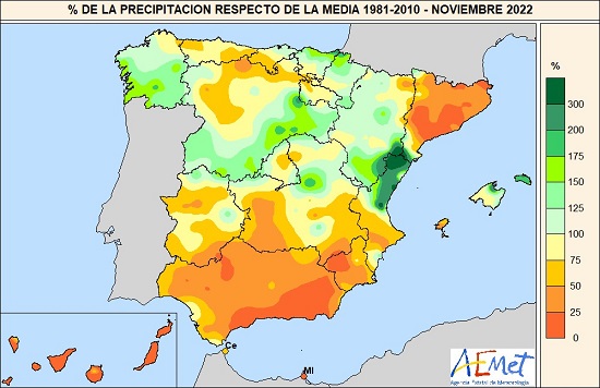 Porcentaje de la precipitación acumulada en noviembre de 2022 respecto de la media 1981-2021