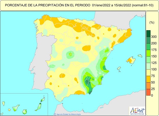 Porcentaje de la precipitación acumulada entre el 1 de enero y el 15 de diciembre de 2022.