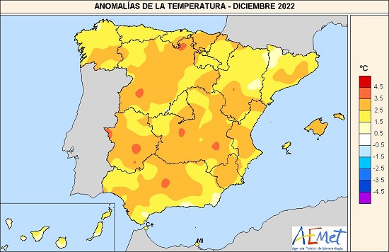 Anomalías térmicas en diciembre de 2022