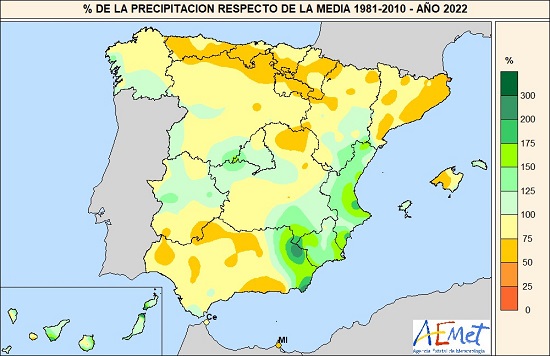 Porcentaje de la precipitación acumulada en 2022 respecto de la media 1981-2010