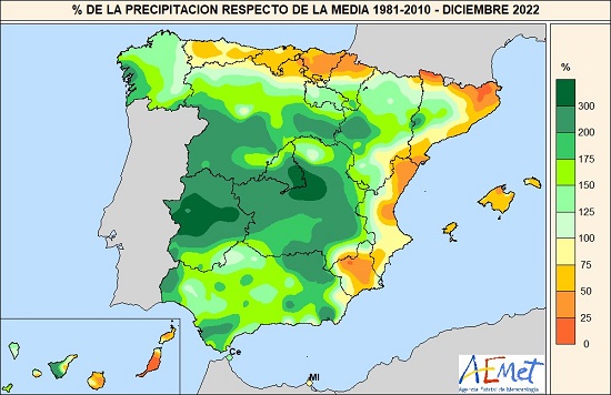 Porcentaje de la precipitación acumulada en diciembre de 2022 respecto de la media 1981-2010