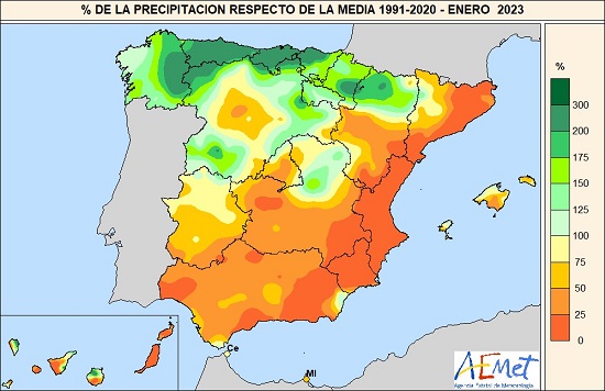 Porcentaje de la precipitación acumulada en enero de 2023 respecto de la media 1991-2020