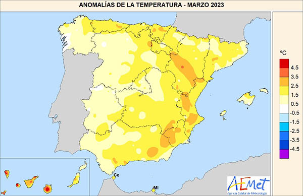 Diferencia entre las temperaturas observadas y el valor promedio normal del período 1991-2020