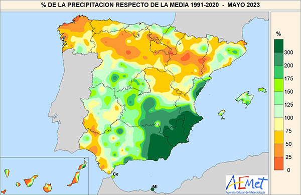 Porcentaje de la precipitación recogida en mayo de 2023 respecto al promedio del período 1991-2020