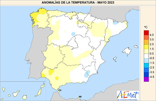 Anomalías de las temperaturas en mayo de 2023 con respecto al período de referencia 1991-2020