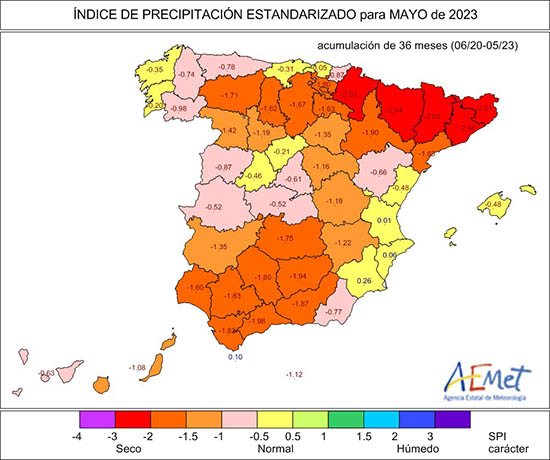 Índice de precipitación estandarizado (SPI) por provincias a treinta y seis meses, calculado a finales de mayo de 2023. Valores inferiores a -1 indican sequía meteorológica