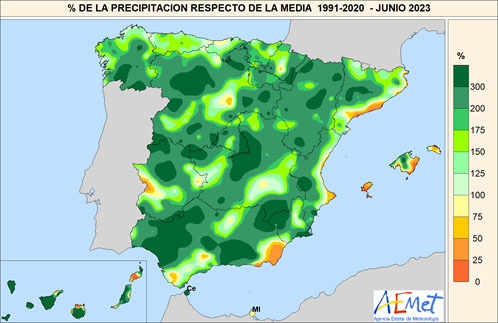 Porcentaje de la precipitación recogida en mayo de 2023 respecto al promedio del período 1991-2020