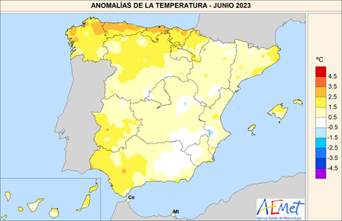 Anomalías de las temperaturas en junio de 2023 con respecto al período de referencia 1991-2020