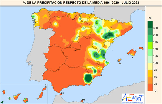Porcentaje de la precipitación recogida en julio de 2023 respecto al promedio del período 1991-2020