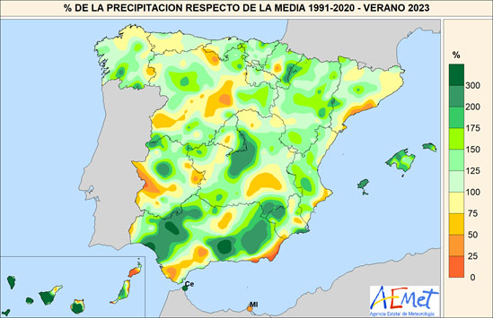 Precipitación acumulada en el verano de 2023 con respecto al promedio del período de referencia 1991-2020
