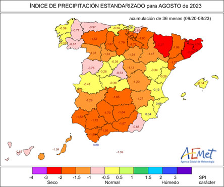 Índice de precipitación estandarizado (SPI) por provincias a treinta y seis meses, calculado a finales de agosto de 2023. Valores inferiores a -1 indican sequía meteorológica
