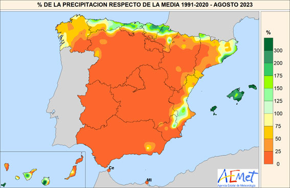 Porcentaje de la precipitación recogida en agosto de 2023 respecto al promedio del período 1991-2020