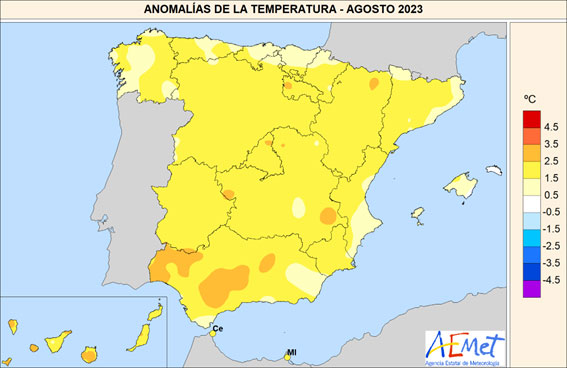 Anomalías de temperatura registradas en agosto de 2023