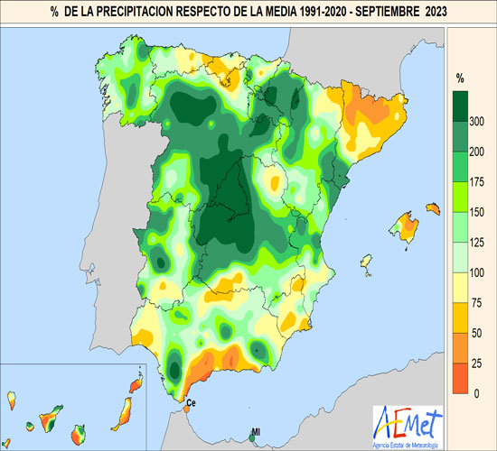 Porcentaje de la precipitación acumulada en septiembre de 2023 respecto al promedio del período 1991-2020