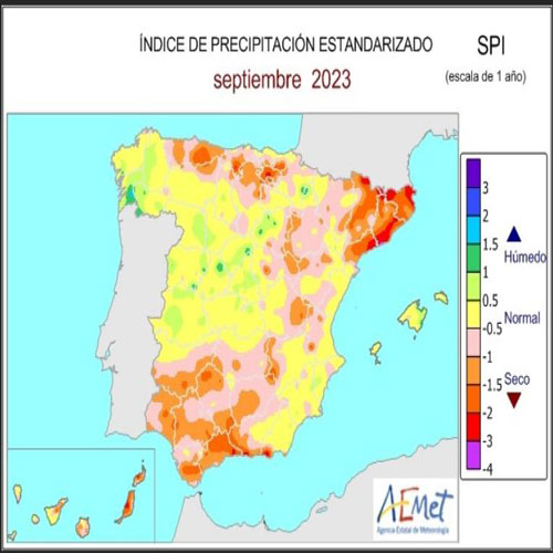 Índice SPI para la precipitación a un año (septiembre de 2023). Las zonas con índice inferior a -1 se encuentran en situación de sequía meteorológica.