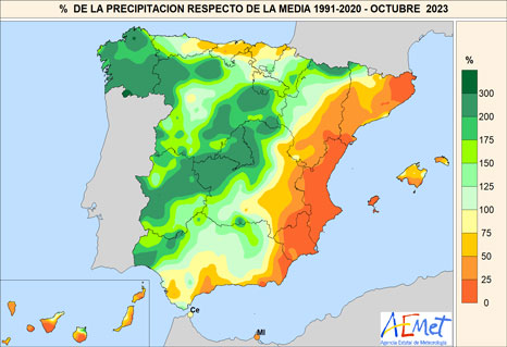 Porcentaje de la precipitación acumulada en octubre de 2023 respecto al promedio del período 1991-2020