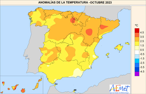 Anomalías de temperatura registradas en octubre de 2023