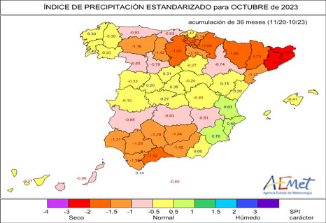 Índice SPI para la precipitación a tres años (octubre de 2023). Las zonas con índice inferior a -1 se encuentran en situación de sequía meteorológica de larga duración.