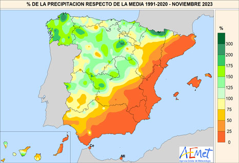 Porcentaje de la precipitación acumulada en noviembre de 2023 respecto al promedio del período 1991-2020