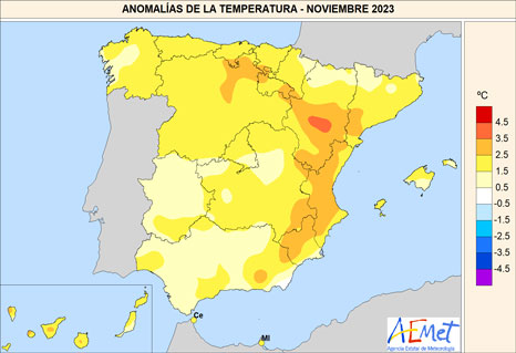 Anomalías de temperatura registradas en noviembre de 2023