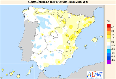Anomalías de temperatura registradas en diciembre de 2023