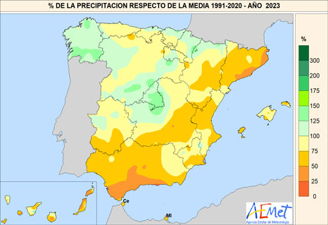 Porcentaje de la precipitación acumulada en 2023 respecto de la media 1991-2020