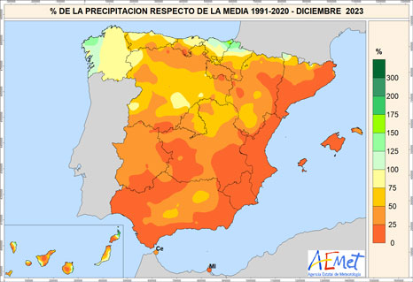 Porcentaje de la precipitación acumulada en diciembre de 2023 respecto al promedio del período 1991-2020