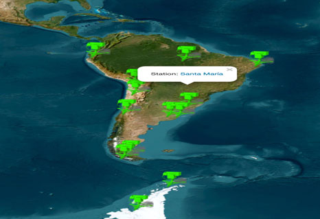Figura 2.- Mapa de las estaciones de Sudamérica con espectrofotómetros Brewer que están dentro de la red EUBREWNET, incluyendo los instrumentos que participan en esta campaña.