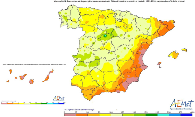 Porcentaje de la precipitación con respecto a lo normal en el invierno 2023-24.