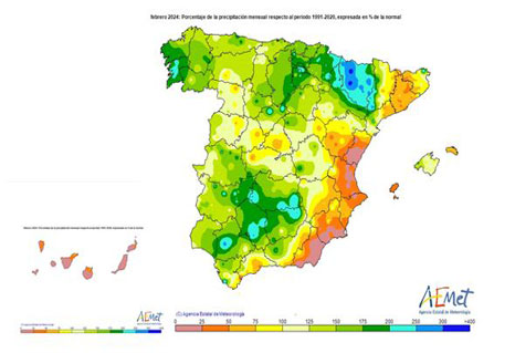 Porcentaje de la precipitación con respecto a lo normal en febrero de 2024.