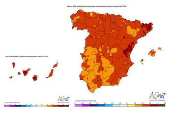 Anomalías de las temperaturas medias mensuales en febrero de 2024.