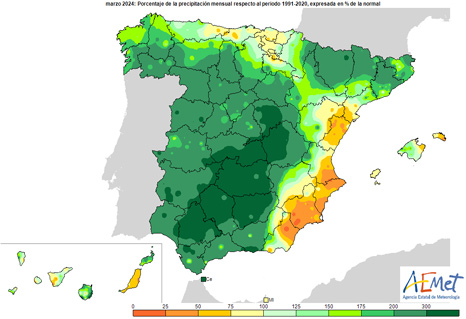 Porcentaje de la precipitación con respecto a lo normal en marzo de 2024.