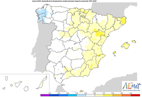 Anomalías de las temperaturas medias mensuales en marzo de 2024.