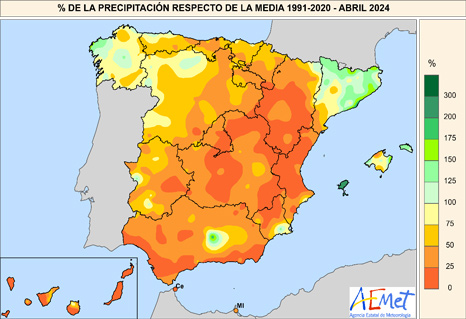 Porcentaje de precipitación respecto a la media de 1991-2020 en abril de 2024.