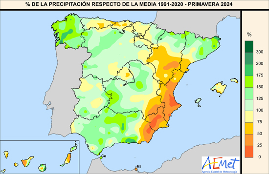 Porcentaje de la precipitación con respecto a lo normal en la primavera de 2024.