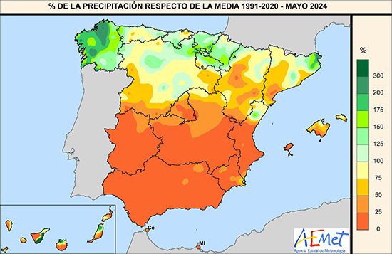 Porcentaje de precipitación respecto a la media de 1991-2020 en mayo de 2024