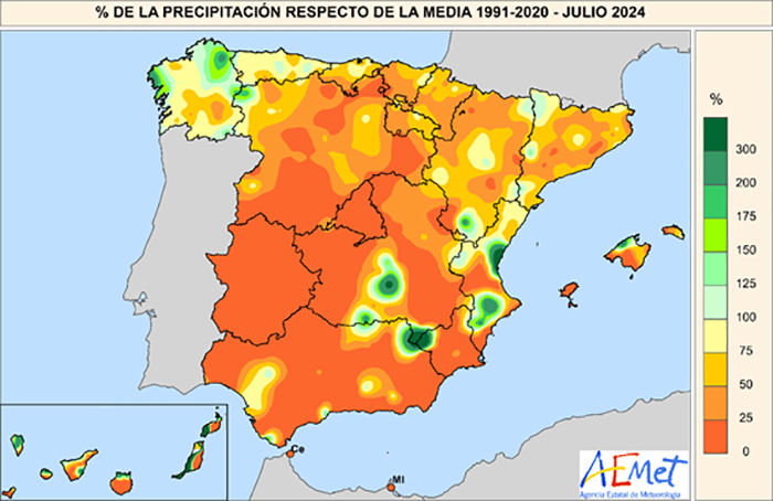 Porcentaje de precipitación respecto a la media de 1991-2020 en julio de 2024.