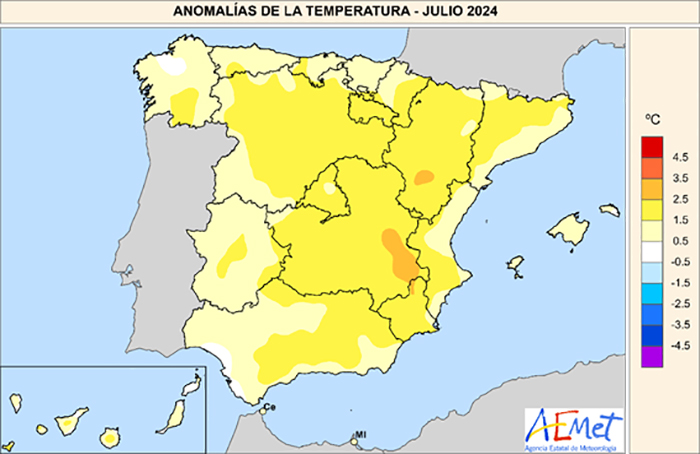 Anomalías de temperatura en julio de 2024.