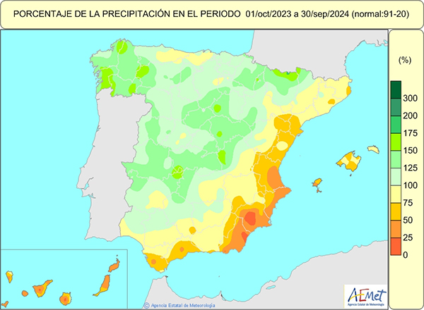 Porcentaje de la precipitación respecto a lo normal (1991-2020) en el año hidrológico 2023-2024