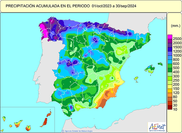 Mapa de precipitación acumulada entre el 1 de octubre de 2023 y el 30 de septiembre de 2024