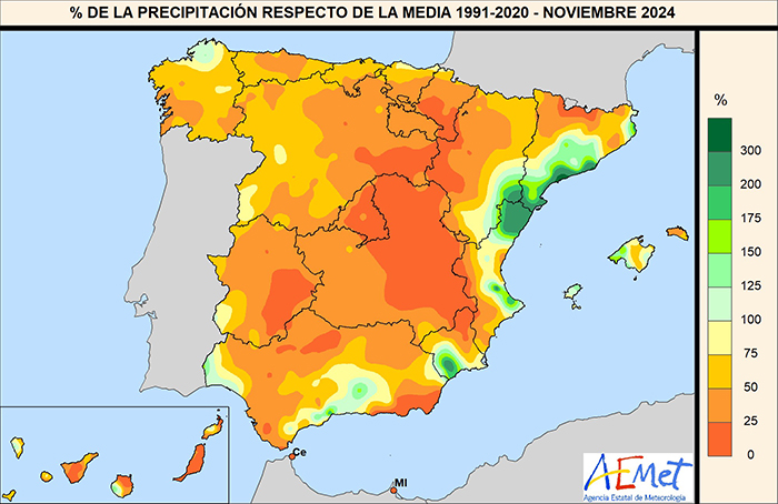 Porcentaje de la precipitación con respecto a la media 1991-2020 en noviembre de 2024.