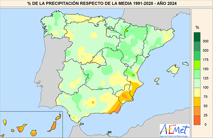 Porcentaje de la precipitación con respecto a la media 1991-2020 en 2024.