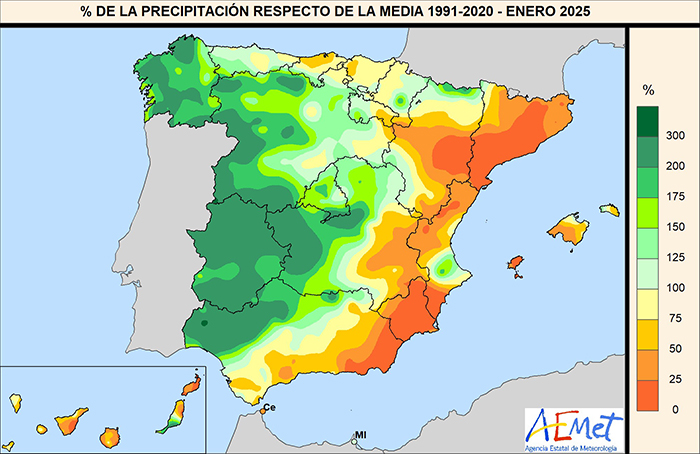 Porcentaje de la precipitación con respecto a la media 1991-2020 en enero de 2025.