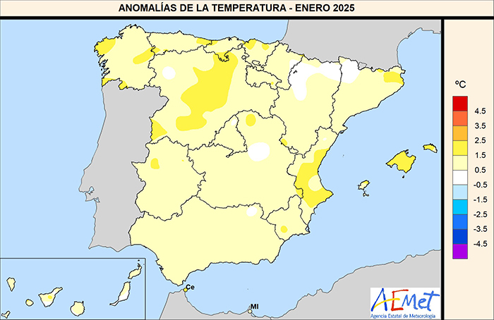 Anomalías de la temperatura en enero de 2025 respecto al promedio 1991-2020