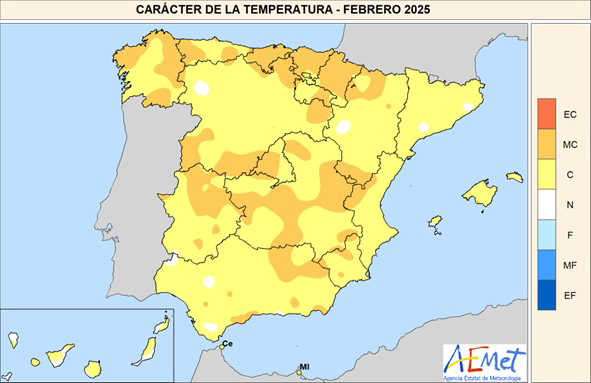 Carácter de la temperatura en febrero de 2025 respecto al promedio 1991-2020