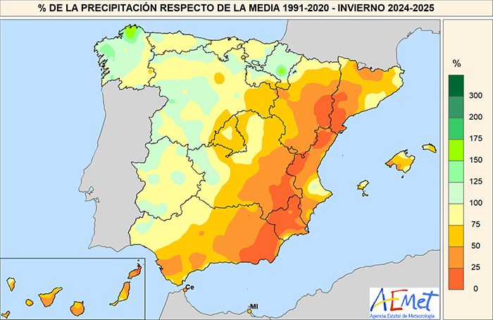 Porcentaje de las precipitaciones respecto al promedio normal del período 1991-2020 durante el invierno 2024-2025